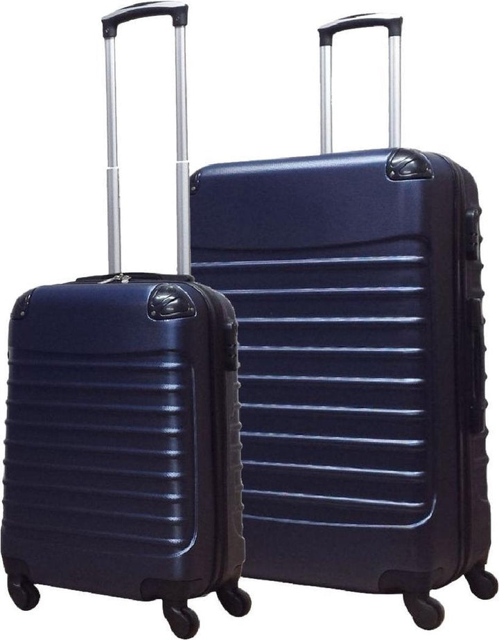 Stilfullt mörkblått hardcase reseset med två hållbara resväskor för smidig transport av bagage.