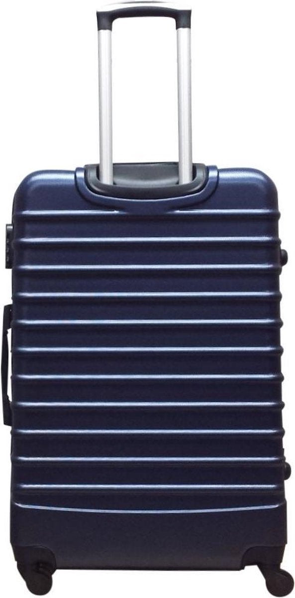Set med två mörkblåa hardcase resväskor, inklusive kabinväska & stor väska, för smidigt resetillbehör.