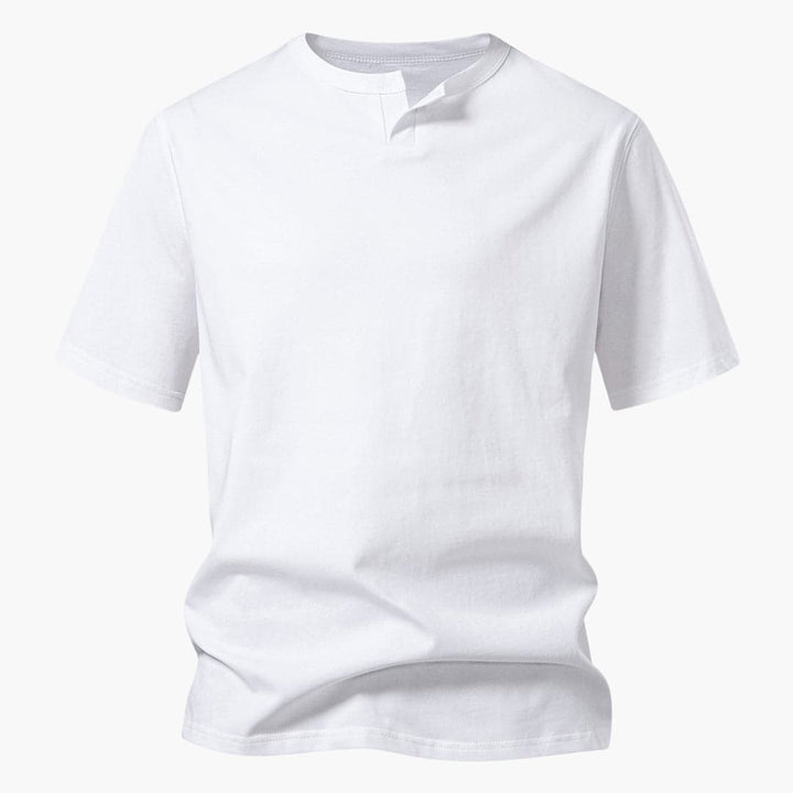 Ljusgrå kortärmad herr t-shirt med snygg notch-ringning, idealisk för casual vardagsstil. Ett tidlöst basplagg.