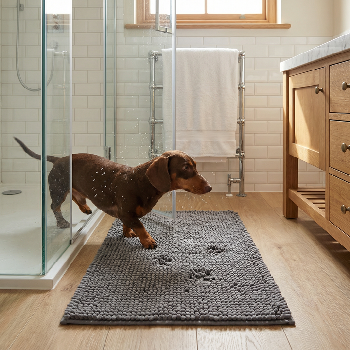 Mörkgrå smutsfångmatta i chenille för hund, halkfri och absorberande hallmatta.