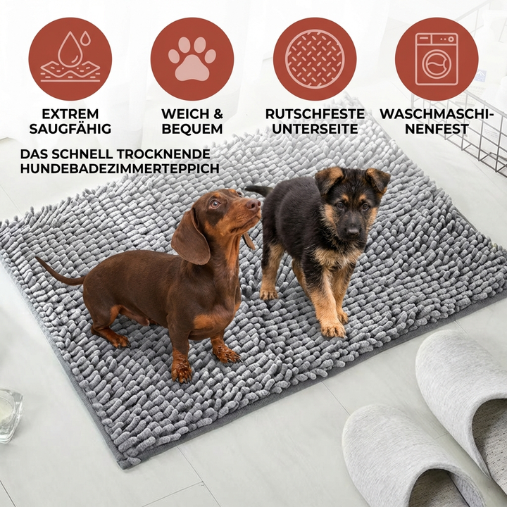 Hund går på sugande smutsfångmatta i hallen, perfekt för leriga tassar. Lättvättad hundmatta.
