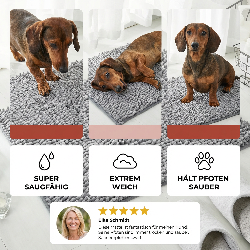 Närbild på mjuk chenille-struktur hos smutsfångmatta för hund. Mycket absorberande djurmatta.