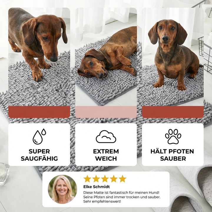 Närbild på mjuk chenille-struktur hos smutsfångmatta för hund. Mycket absorberande djurmatta.