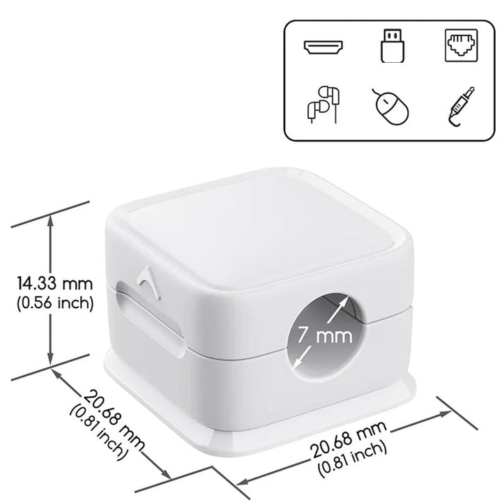 "Magnetisk kabelhållare håller kablar organiserade, stilren design i svart och vit, passar kablar upp till 7 mm."