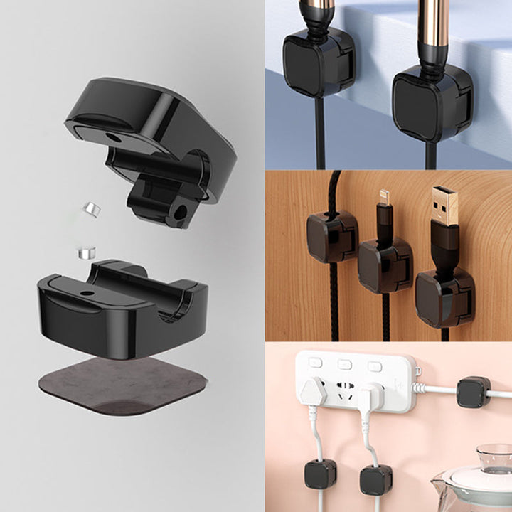 "Magnetisk kabelhållare håller kablar organiserade, stilren design i svart och vit, passar kablar upp till 7 mm."