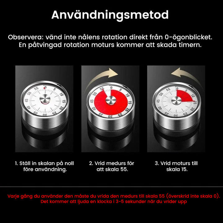 "Magnetisk mekanisk kökstimer i rostfritt stål med röd urtavla och magnetisk baksida, idealisk för matlagning och bakning."