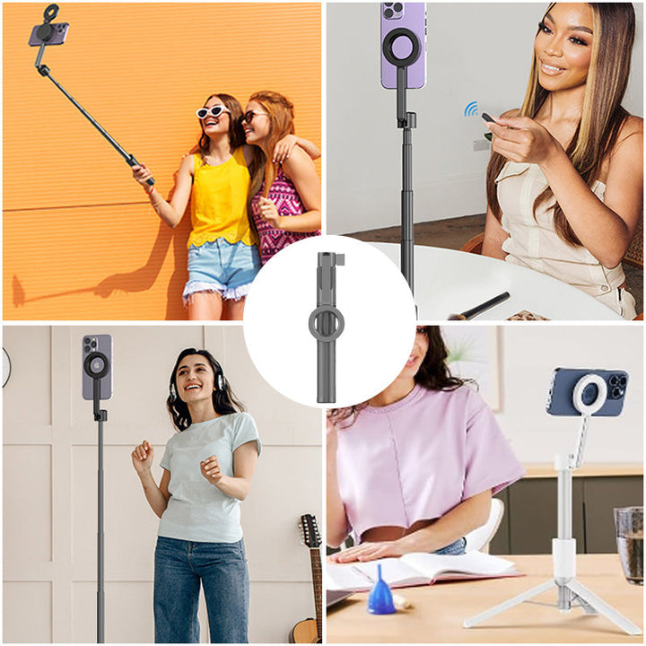 Magnetisk selfiepinne med stativ för mobiltelefoner, vit och svart, med teleskopisk design och 360° rotation för stabil och flexibel fotografering