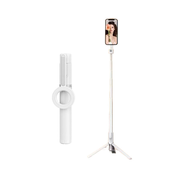 Magnetisk selfiepinne med stativ för mobiltelefoner, vit och svart, med teleskopisk design och 360° rotation för stabil och flexibel fotografering