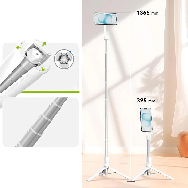 Magnetisk selfiepinne med stativ för mobiltelefoner, vit och svart, med teleskopisk design och 360° rotation för stabil och flexibel fotografering