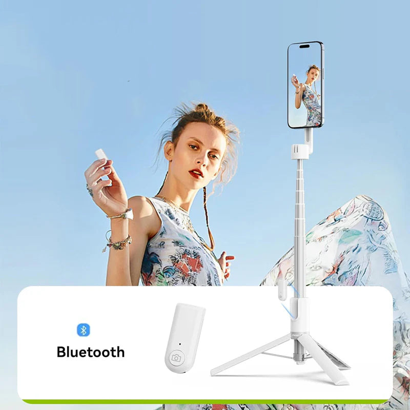 Magnetisk selfiepinne med stativ för mobiltelefoner, vit och svart, med teleskopisk design och 360° rotation för stabil och flexibel fotografering