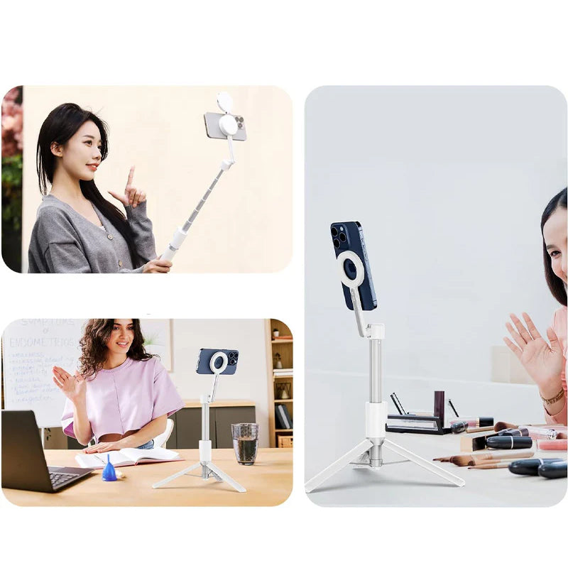 Magnetisk selfiepinne med stativ för mobiltelefoner, vit och svart, med teleskopisk design och 360° rotation för stabil och flexibel fotografering
