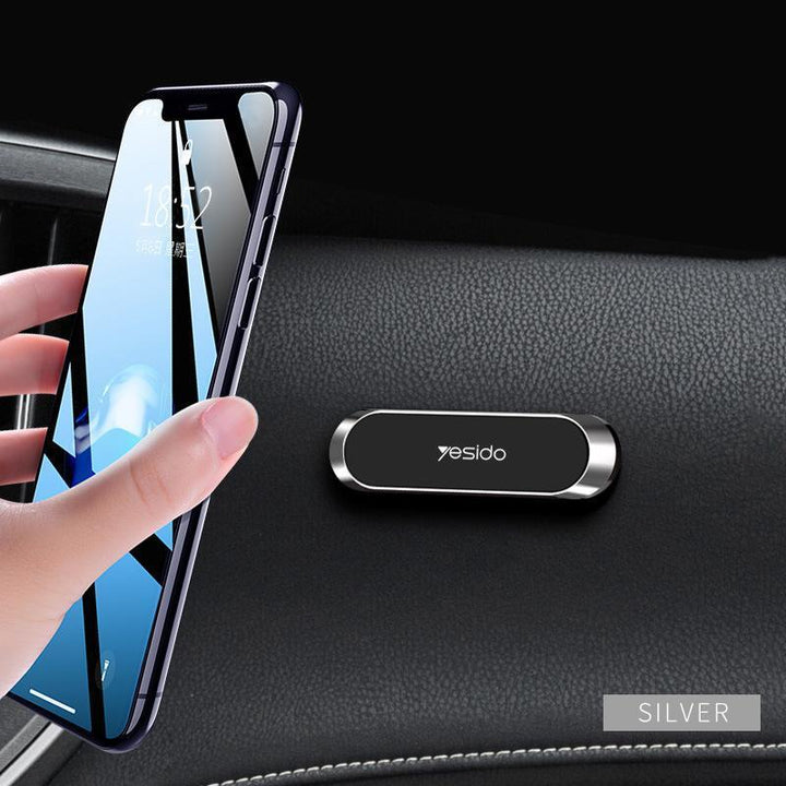 "Magnetisk telefonhållare med 360° rotation, kompakt design i svart, silver och gyllene för bil och hem."