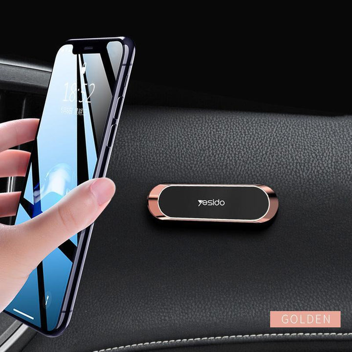 "Magnetisk telefonhållare med 360° rotation, kompakt design i svart, silver och gyllene för bil och hem."