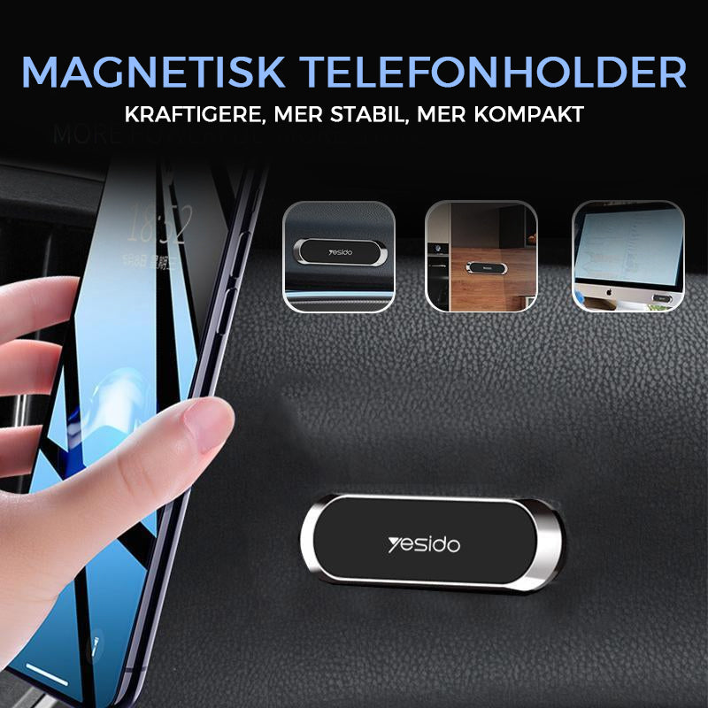 "Magnetisk telefonhållare med 360° rotation, kompakt design i svart, silver och gyllene för bil och hem."