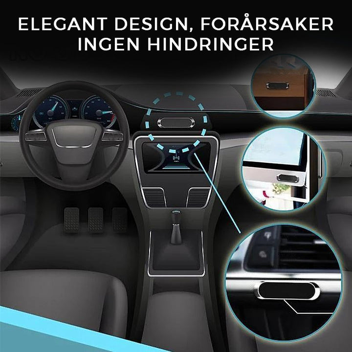"Magnetisk telefonhållare med 360° rotation, kompakt design i svart, silver och gyllene för bil och hem."