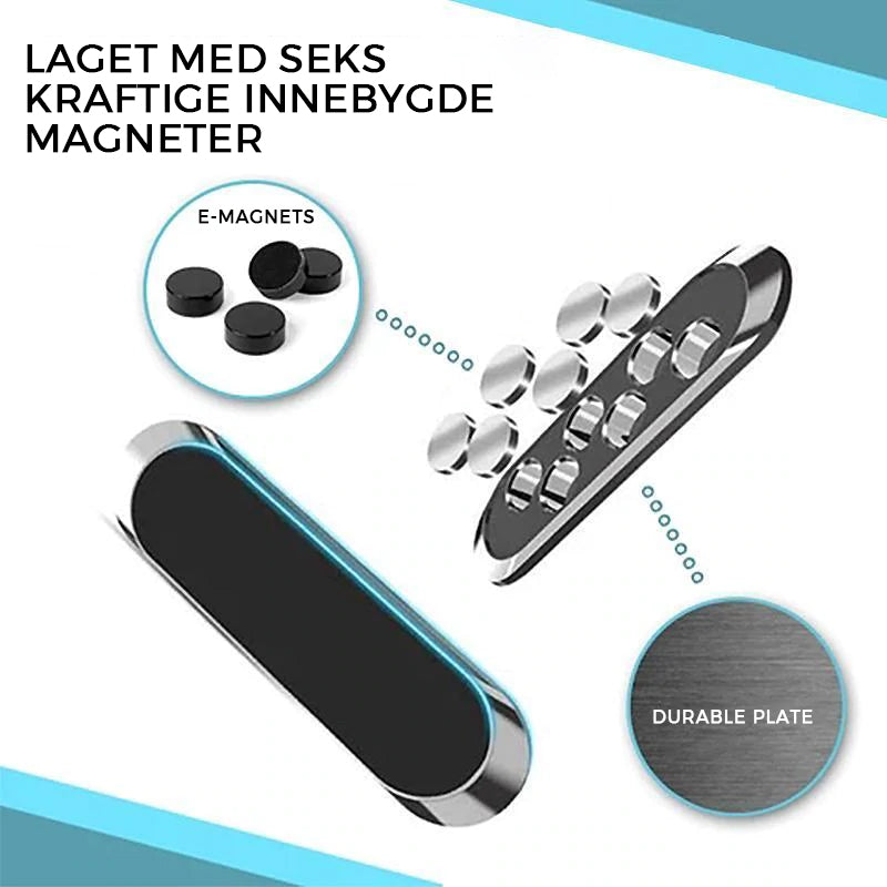 "Magnetisk telefonhållare med 360° rotation, kompakt design i svart, silver och gyllene för bil och hem."
