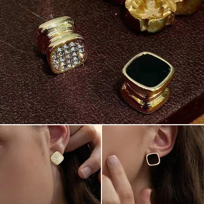 Magnetiska dubbelsidiga örhängen, fyrkantig design med diamanter och svart alternativ, moderna och eleganta för kvinnor.