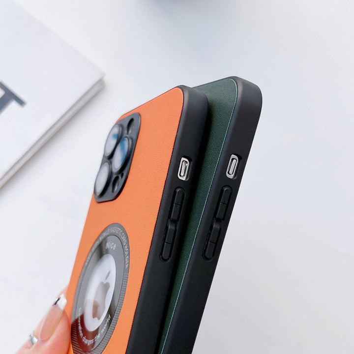 "Magnetiskt iPhone-laddningsfodral i elegant läder med lychee-mönster, tillgänglig i svart, grön, blå, lila, gul, orange."