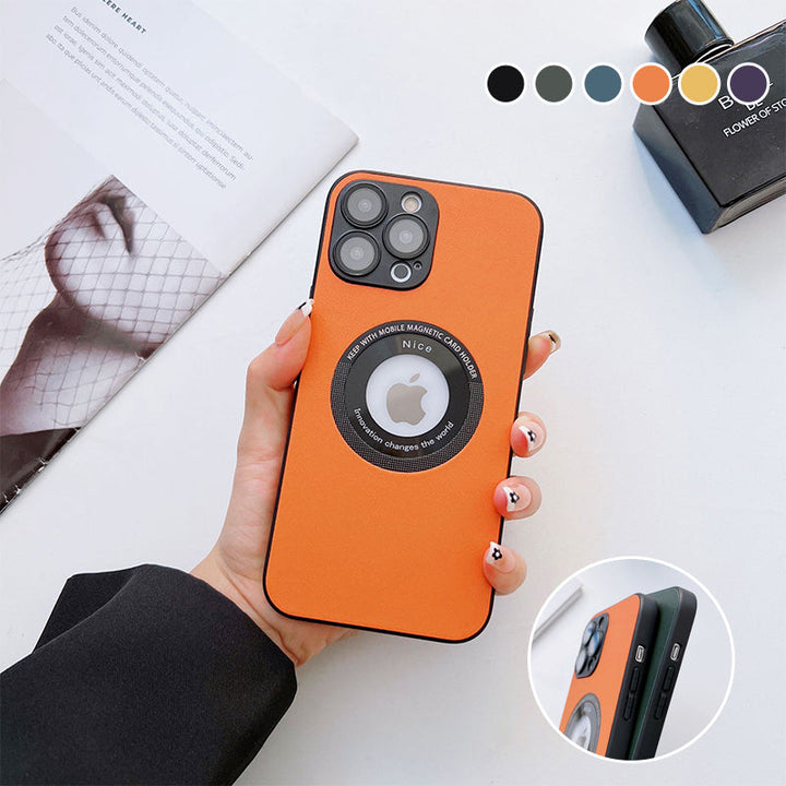 "Magnetiskt iPhone-laddningsfodral i elegant läder med lychee-mönster, tillgänglig i svart, grön, blå, lila, gul, orange."