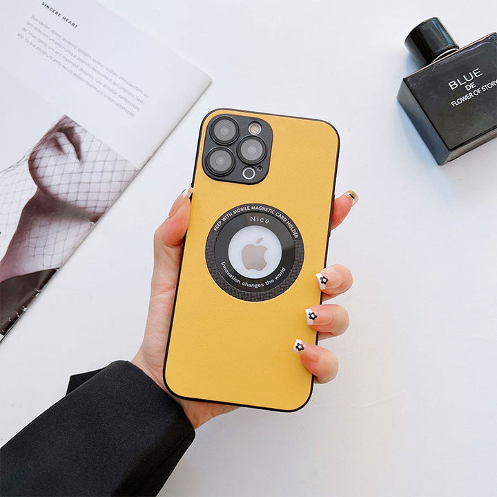 "Magnetiskt iPhone-laddningsfodral i elegant läder med lychee-mönster, tillgänglig i svart, grön, blå, lila, gul, orange."