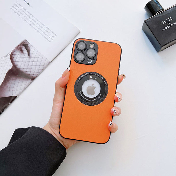 "Magnetiskt iPhone-laddningsfodral i elegant läder med lychee-mönster, tillgänglig i svart, grön, blå, lila, gul, orange."