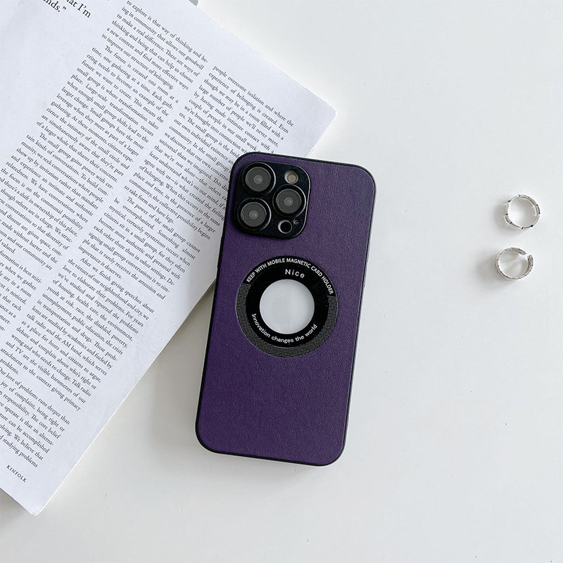 "Magnetiskt iPhone-laddningsfodral i elegant läder med lychee-mönster, tillgänglig i svart, grön, blå, lila, gul, orange."