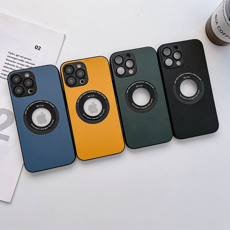 "Magnetiskt iPhone-laddningsfodral i elegant läder med lychee-mönster, tillgänglig i svart, grön, blå, lila, gul, orange."