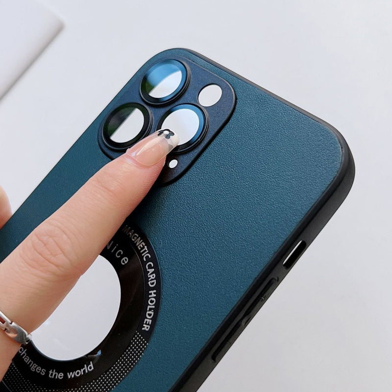 "Magnetiskt iPhone-laddningsfodral i elegant läder med lychee-mönster, tillgänglig i svart, grön, blå, lila, gul, orange."