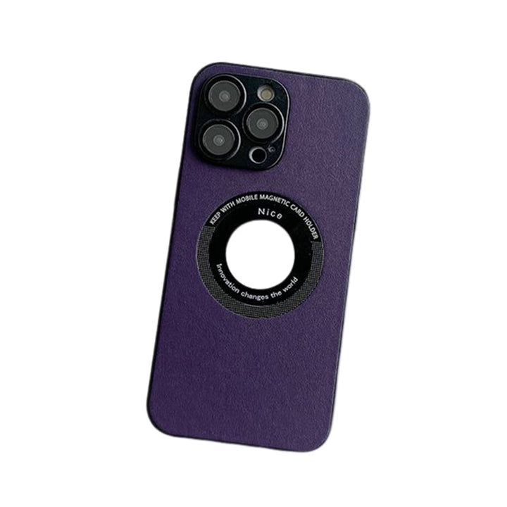 "Magnetiskt iPhone-laddningsfodral i elegant läder med lychee-mönster, tillgänglig i svart, grön, blå, lila, gul, orange."