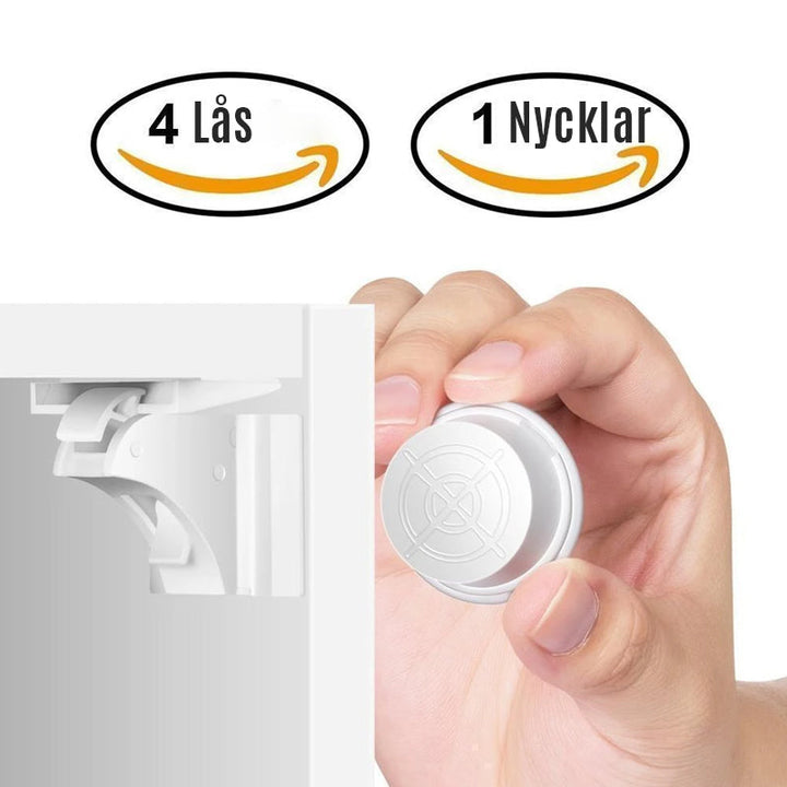 "Magnetiskt osynligt säkerhetslås för barn, diskret design utan skruvar, för säker barnsäkert hem."