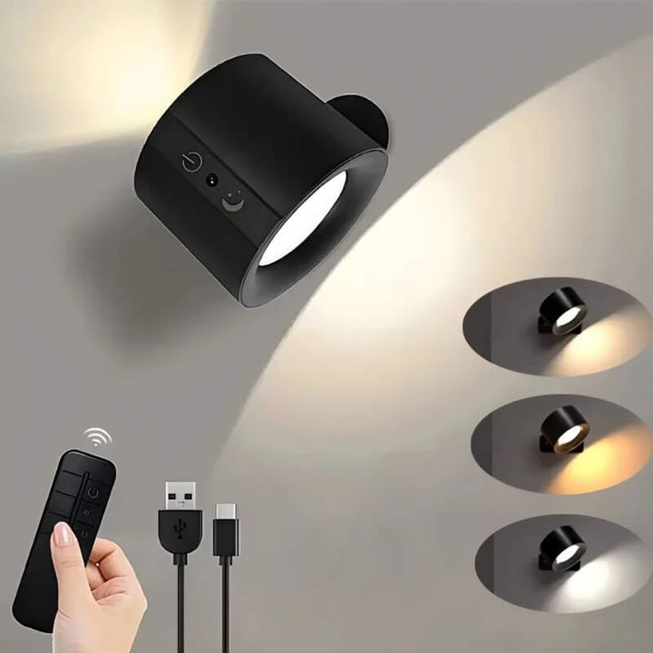 Svart NordGlow vägglampa som visar ljuslägen och fjärrkontroll