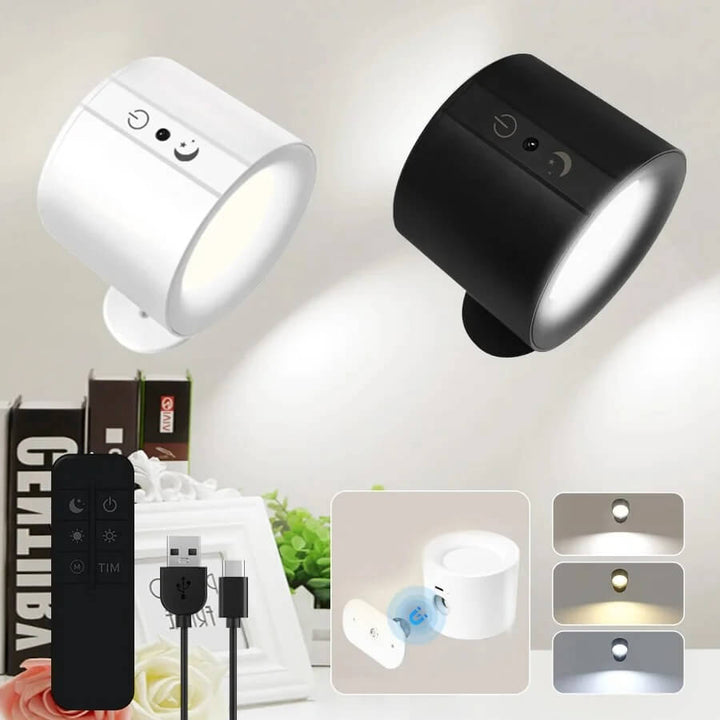 NordGlow magnetisk LED vägglampa i vit och svart med fjärrkontroll och laddkabel