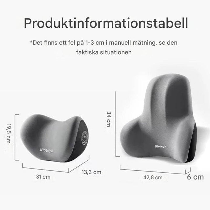 Måttskiss som visar dimensioner i centimeter för nackstöd och ryggstöd