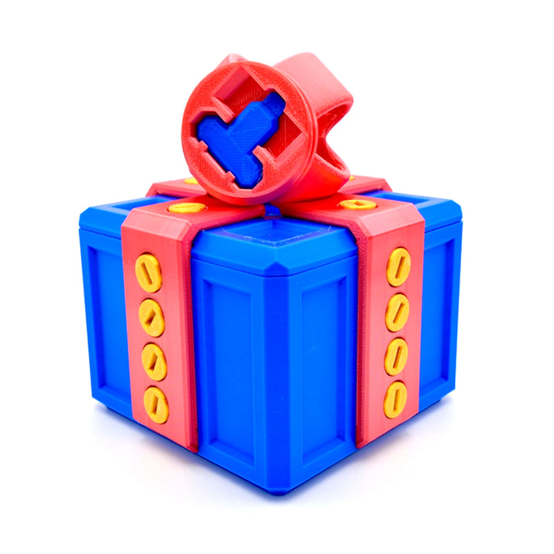 "Mångfärgad presentbox med mystisk design, 3D-utskriven med utmanande dolda nycklar och skruvbara bultar för spänning."