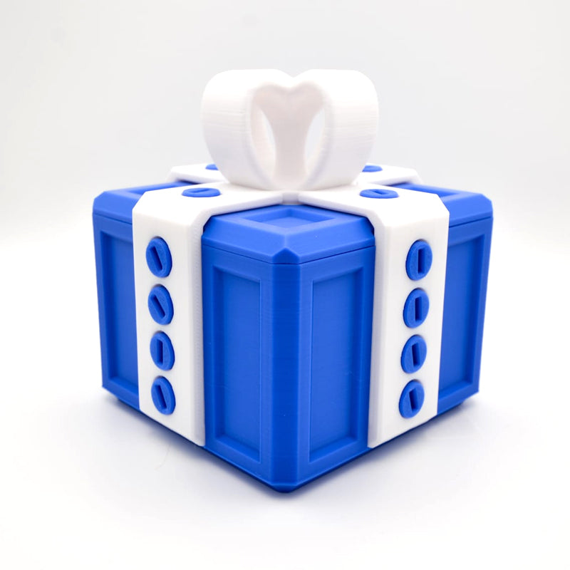 "Mångfärgad presentbox med mystisk design, 3D-utskriven med utmanande dolda nycklar och skruvbara bultar för spänning."