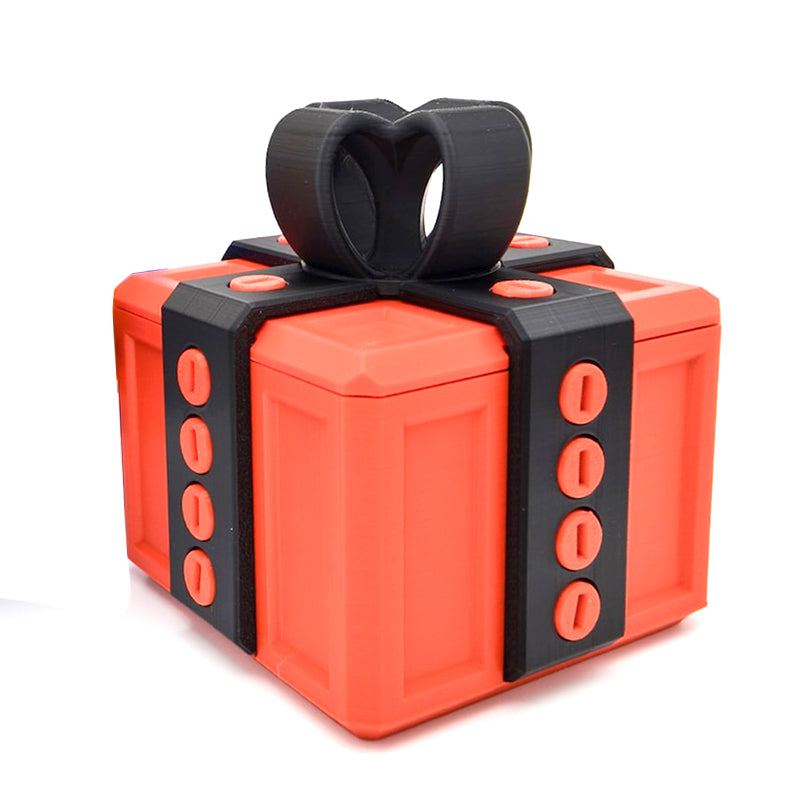 "Mångfärgad presentbox med mystisk design, 3D-utskriven med utmanande dolda nycklar och skruvbara bultar för spänning."