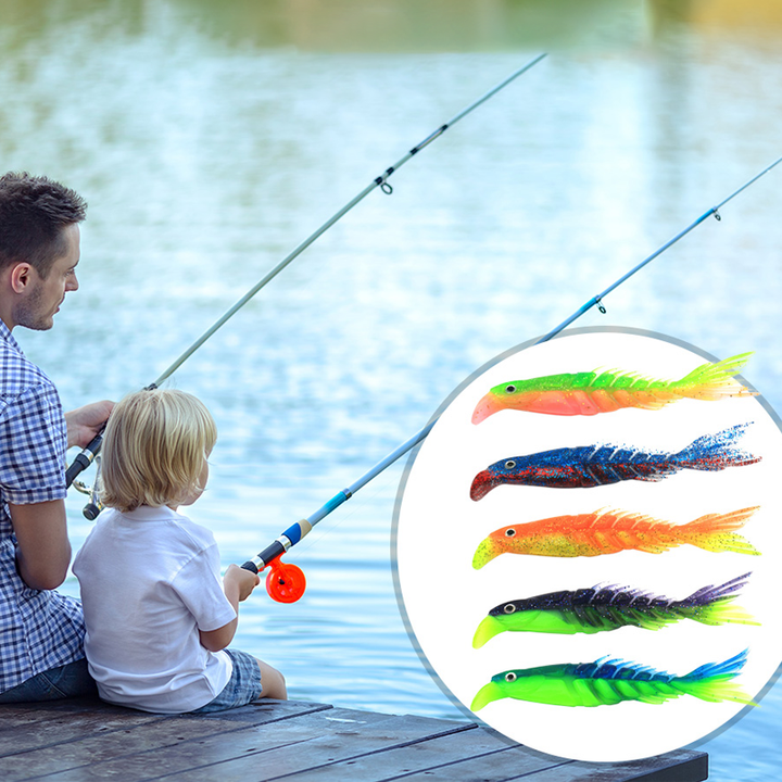 "Mångsegmenterade mjukbeten för fiske, med naturliga simrörelser, fragmenterad design och glittrande färgvariationer."