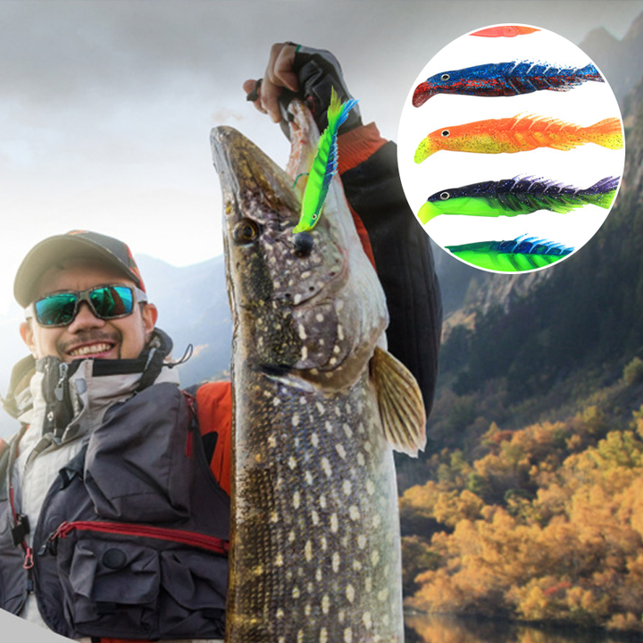 "Mångsegmenterade mjukbeten för fiske, med naturliga simrörelser, fragmenterad design och glittrande färgvariationer."
