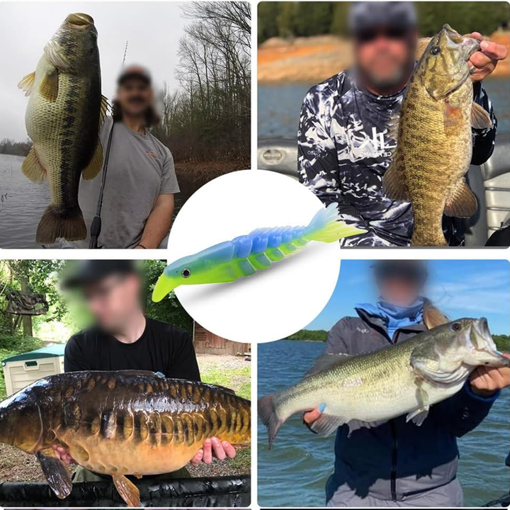 "Mångsegmenterade mjukbeten för fiske, med naturliga simrörelser, fragmenterad design och glittrande färgvariationer."