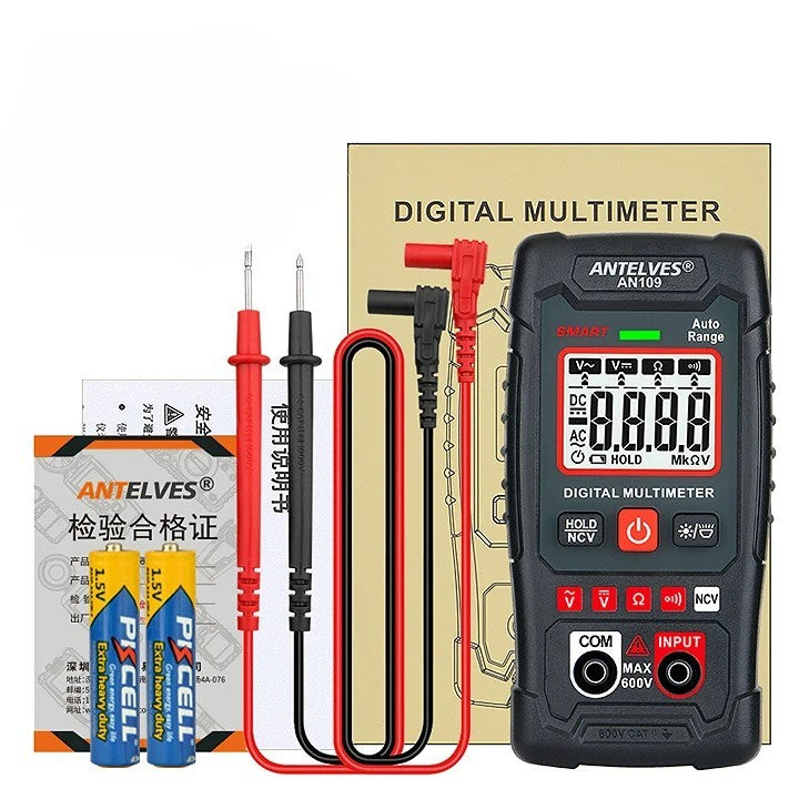 "Mångsidig EBTN LCD Multimeter, tydlig skärm, skyddande fodral, exakt avläsning av spänning och frekvens."