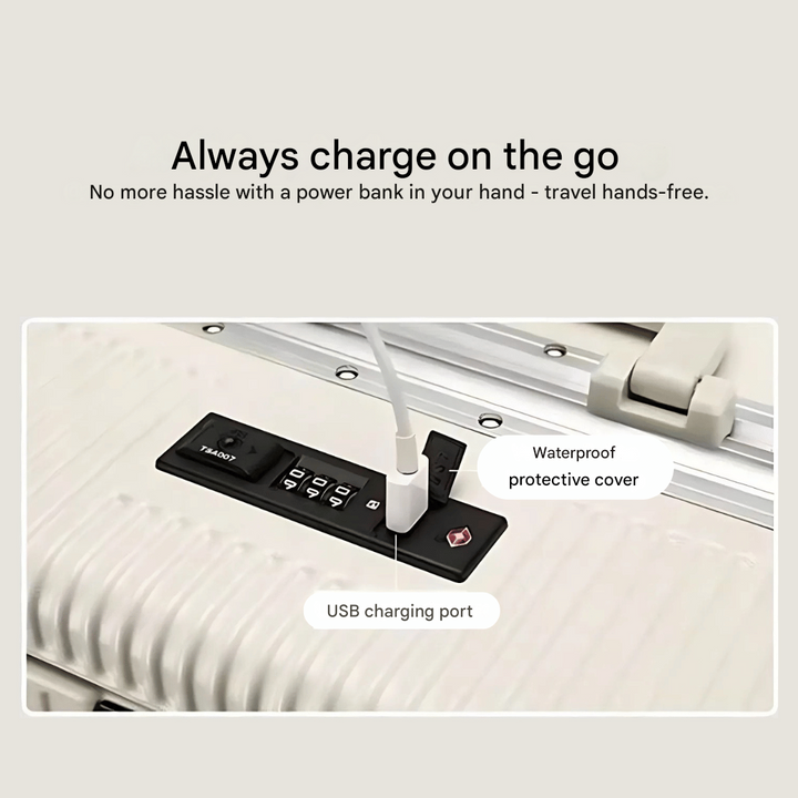 Detaljbild: Resväska med USB-port och laddningskabel, redo för mobila enheter.
