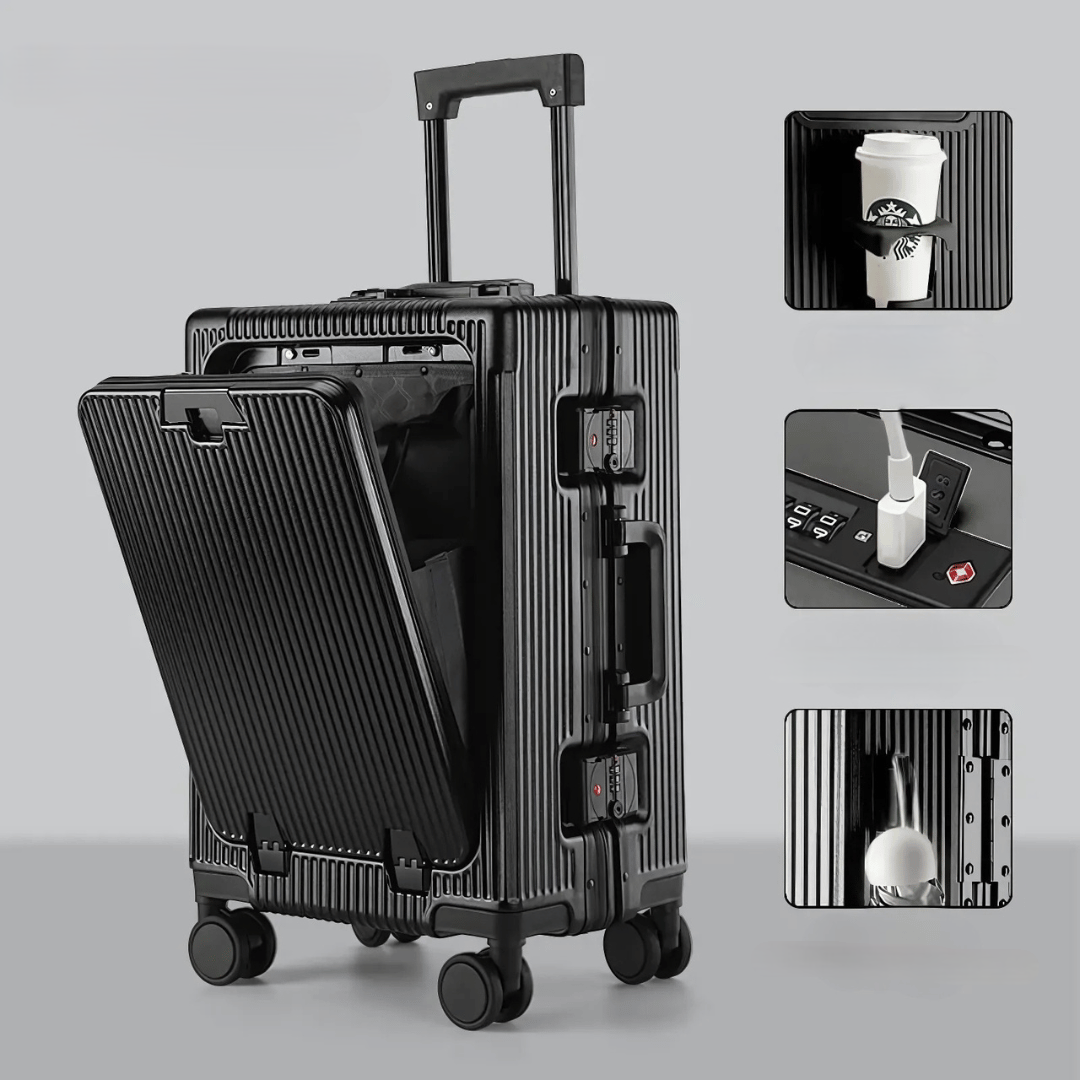 Resenär drar Manhattan Pro handbagage, hårt skal och smart teknik gör resan smidig.
