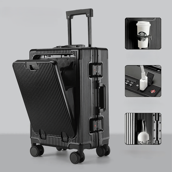 Resenär drar Manhattan Pro handbagage, hårt skal och smart teknik gör resan smidig.