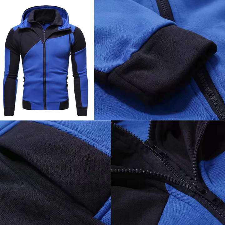 Herr färgblocksträningsställ med huva, broderad design, bekväm, sportig stil, blixtlåsförsedda fickor, justerbar huva.
