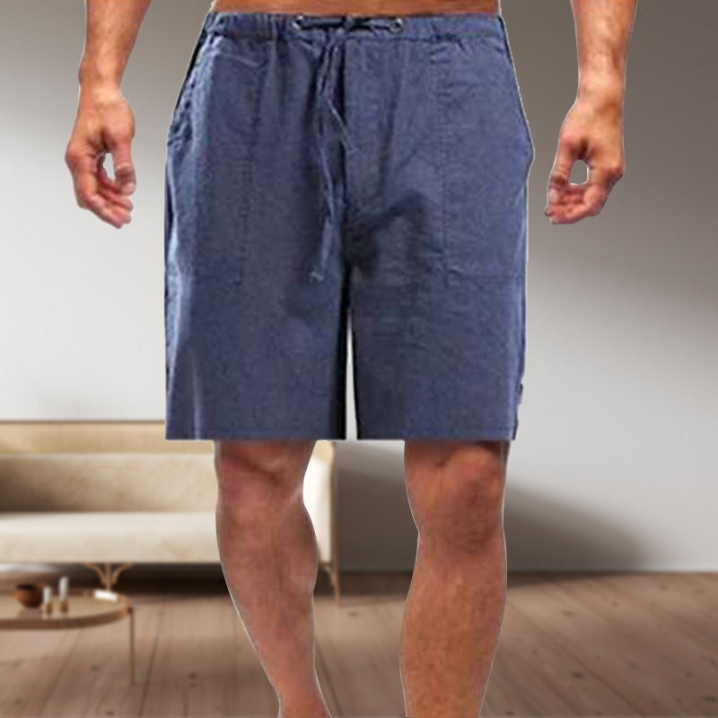 "Mäns linne shorts med lös passform, beige, elastiskt midjeband och dragsko, idealiska för sommardagar."