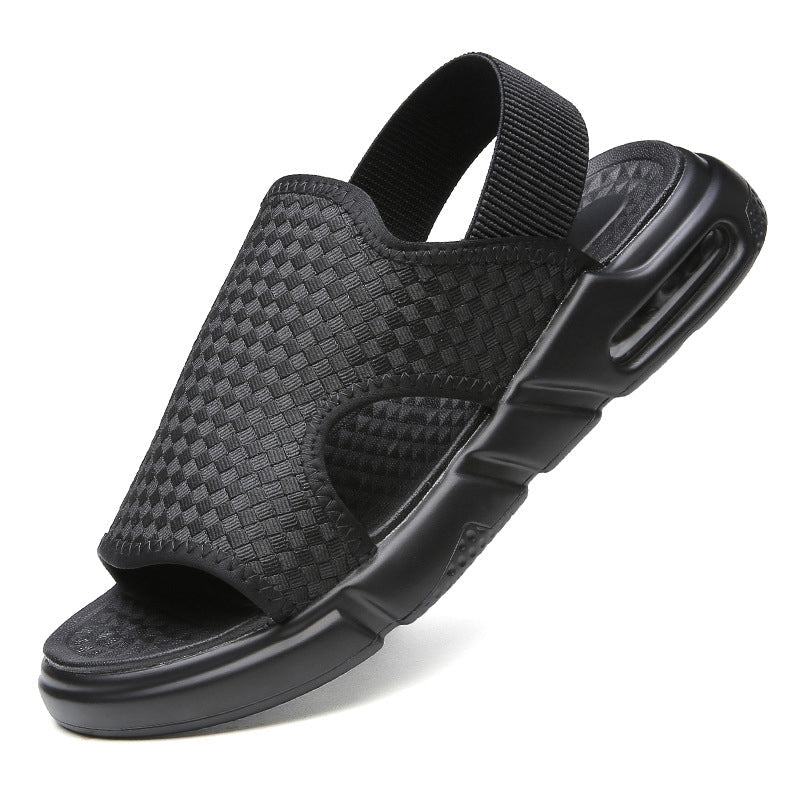 Herr luftiga svarta strandsandaler med elastisk rem, öppen tå och mjuk luftkuddesula för optimal sommarkomfort.