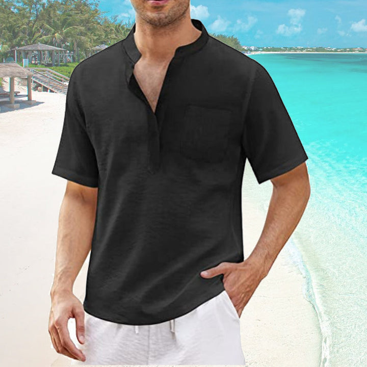 "Mäns sommar T-shirt med ficka, bomull-linne, Henley-hals, knappdetaljer, strandutflykt, flera färger"