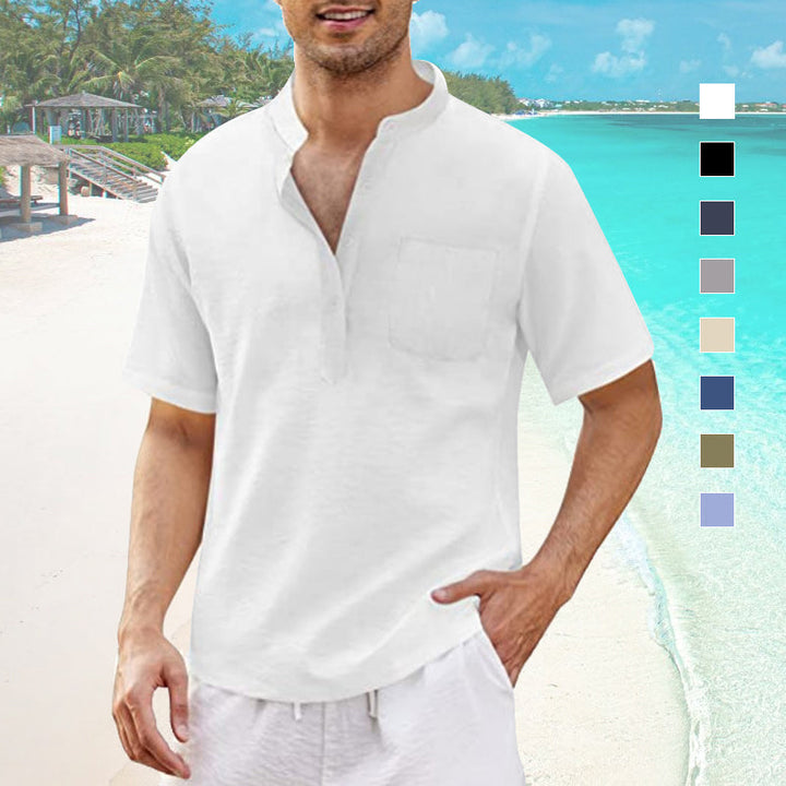 "Mäns sommar T-shirt med ficka, bomull-linne, Henley-hals, knappdetaljer, strandutflykt, flera färger"
