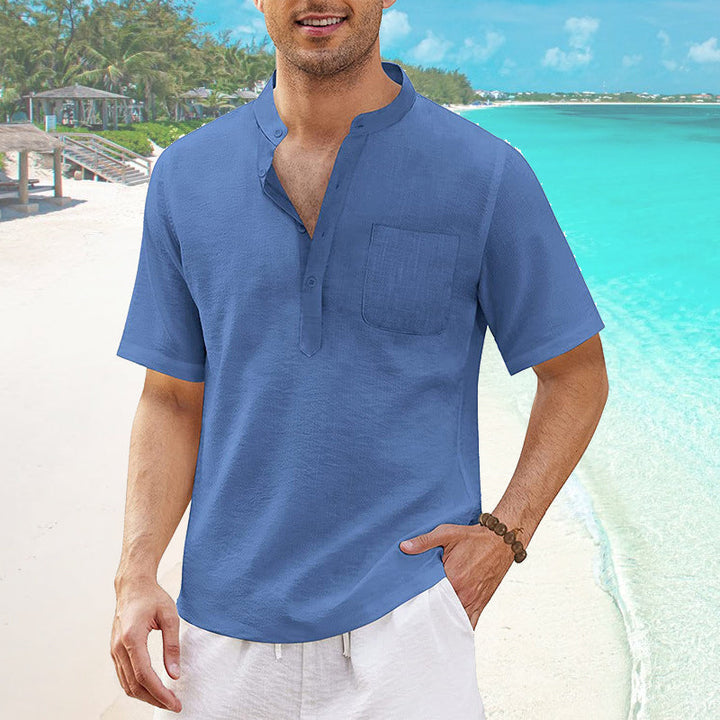 "Mäns sommar T-shirt med ficka, bomull-linne, Henley-hals, knappdetaljer, strandutflykt, flera färger"