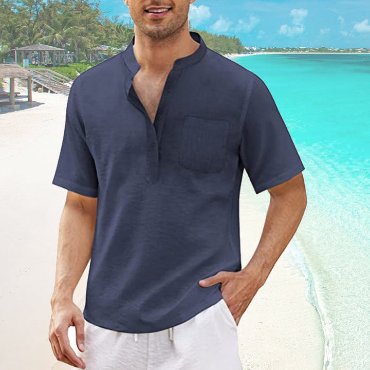 "Mäns sommar T-shirt med ficka, bomull-linne, Henley-hals, knappdetaljer, strandutflykt, flera färger"